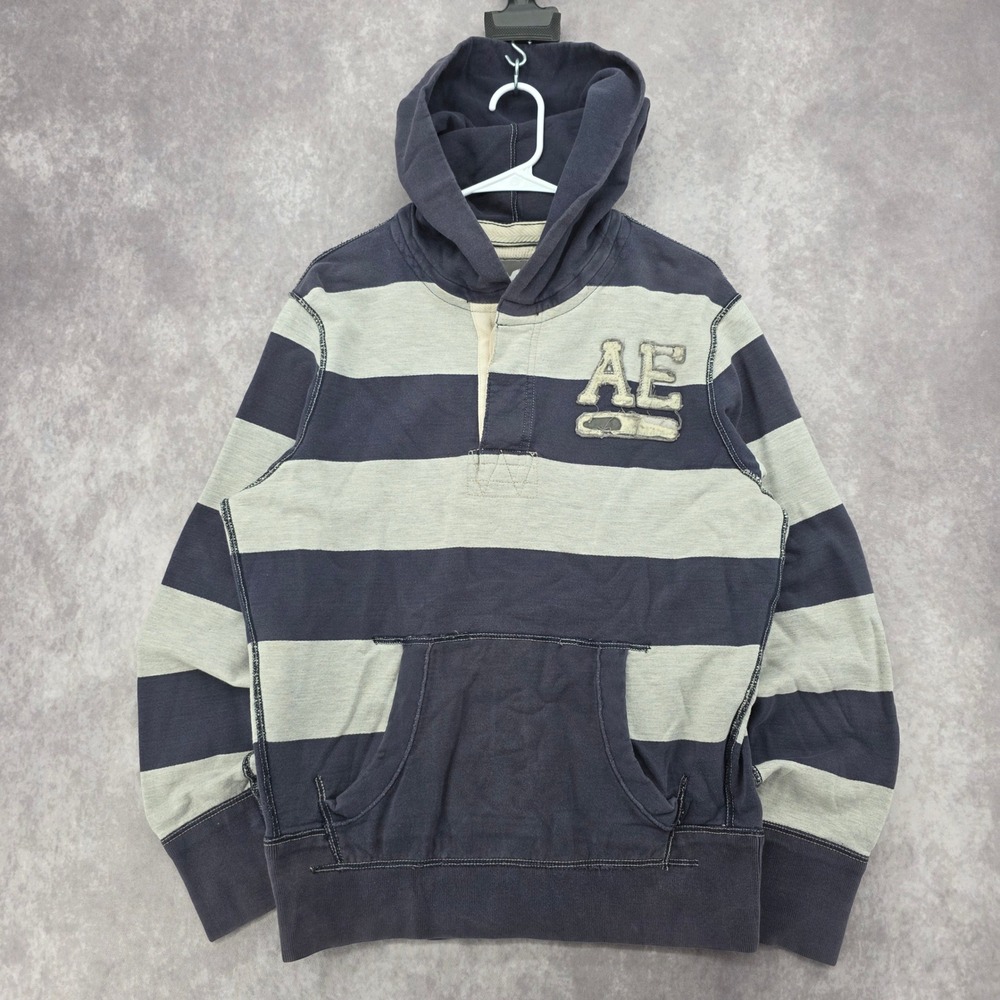 American Eagle Outfitters Big AE logo Hoodie Mens M Striped Navy Gray Y2K Style